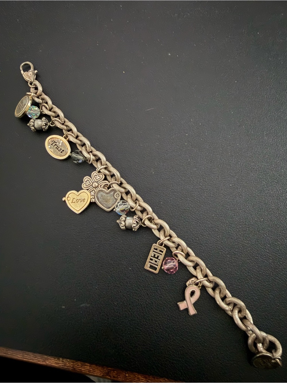 Silver-Tone Charm Bracelet with Pink Ribbon and Heart Charms